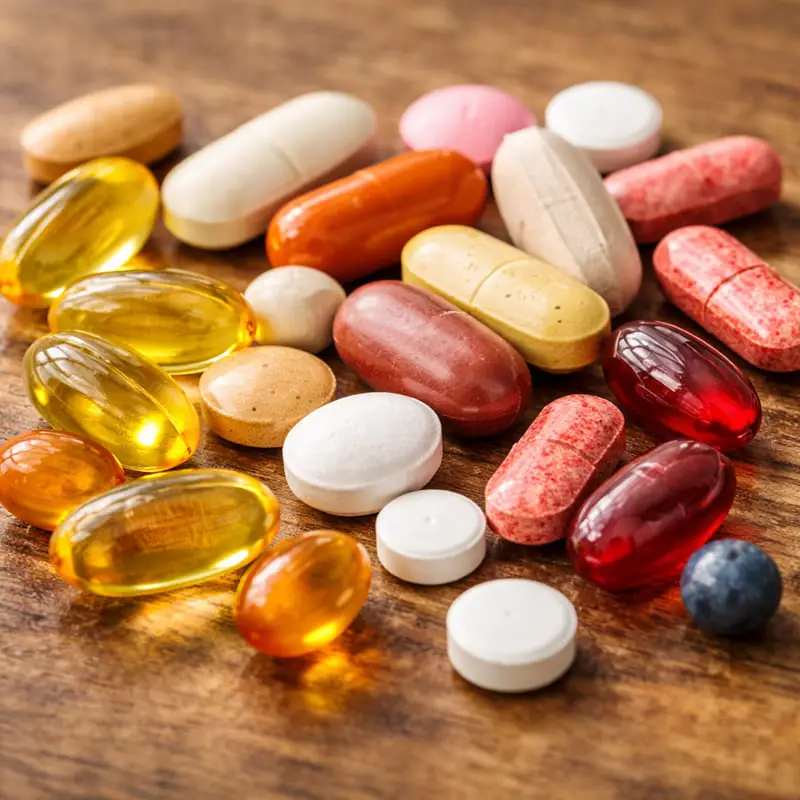 Verschillende tabletten en capsules op een houten ondergrond