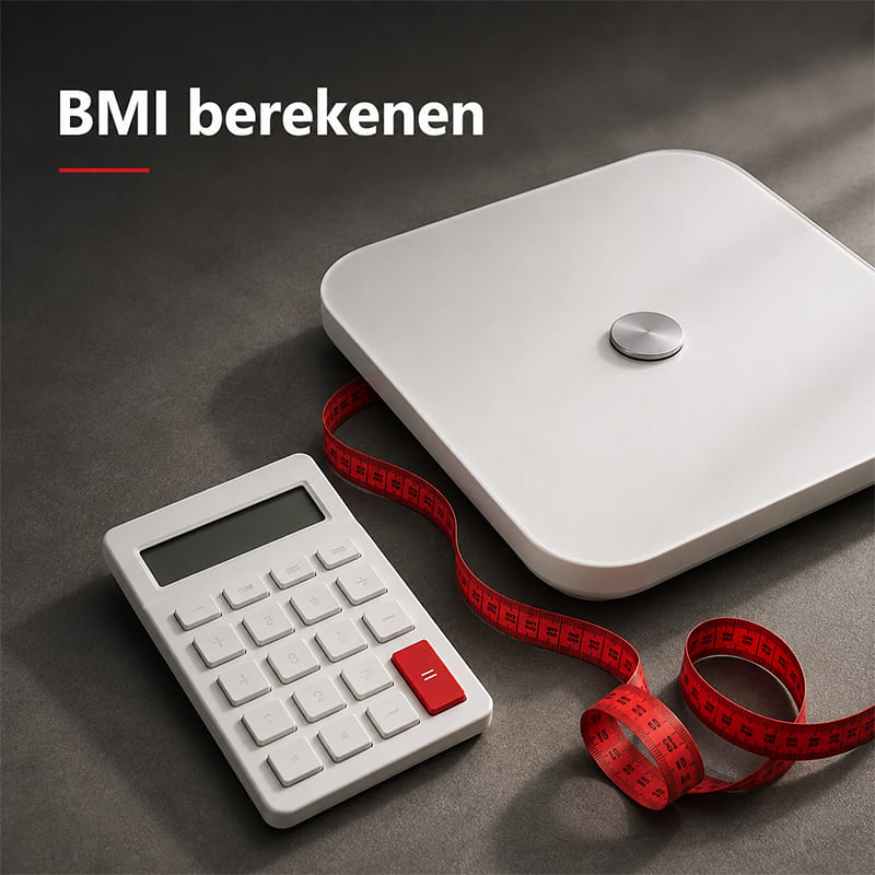 Weegschaal, rood meetlint en rekenmachine bij de tekst BMI berekenen