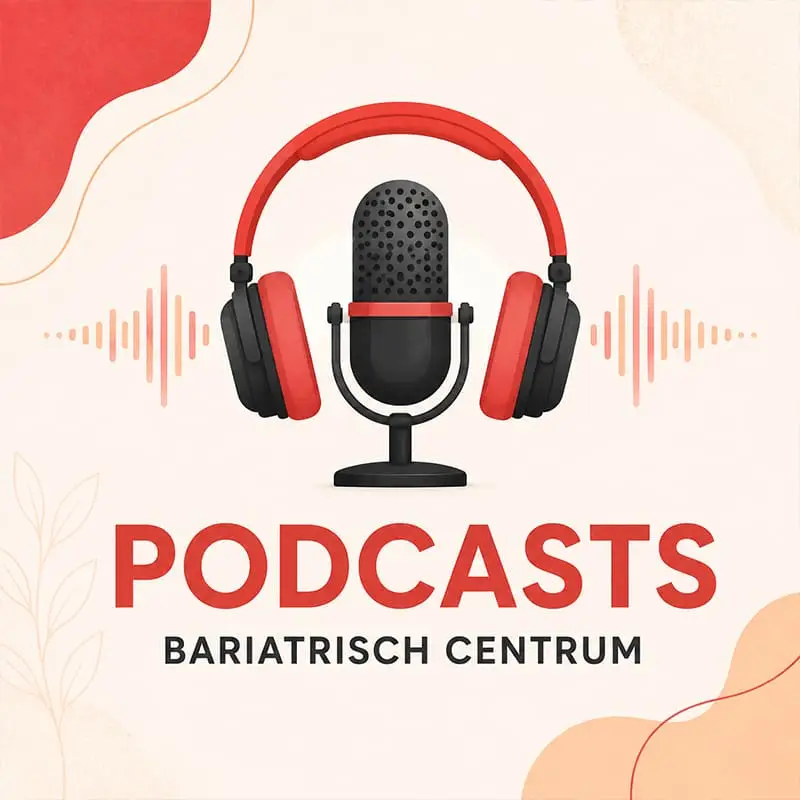 Podcastillustratie van het Bariatrisch Centrum met een microfoon en rode koptelefoon