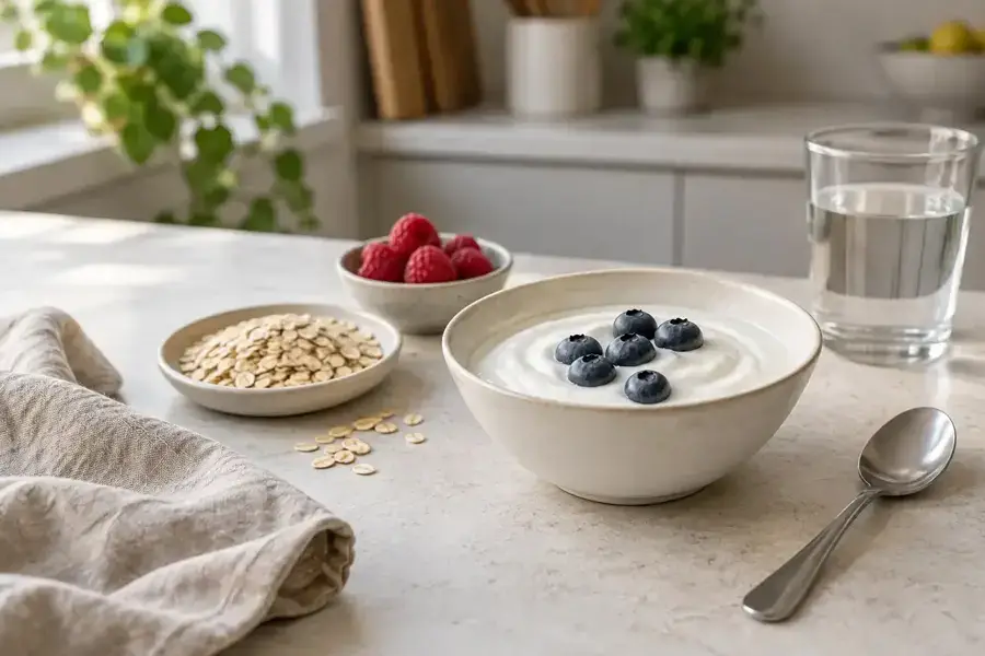 Yoghurt, havervlokken, bessen en een glas water op een lichte tafel
